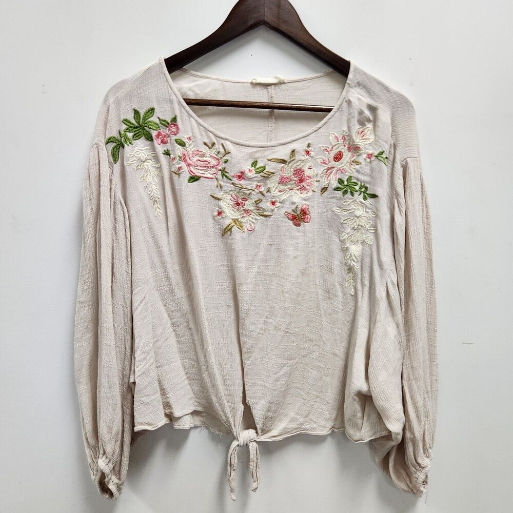 Before You Embroidered Gauzy Boho Peasant Floral Blouse Size M Balloon Sleeve